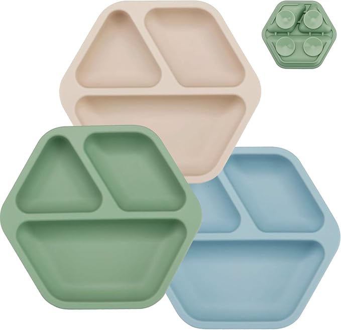 PandaEar 3 Pack Toddler Plates, Hexagon Divided Suction Plates for Baby, 100% Food Grade Silicone Baby Plates, Non-Slip, Baby Led Weaning Supplies, Microwave & Dishwasher Safe (Hexagon)