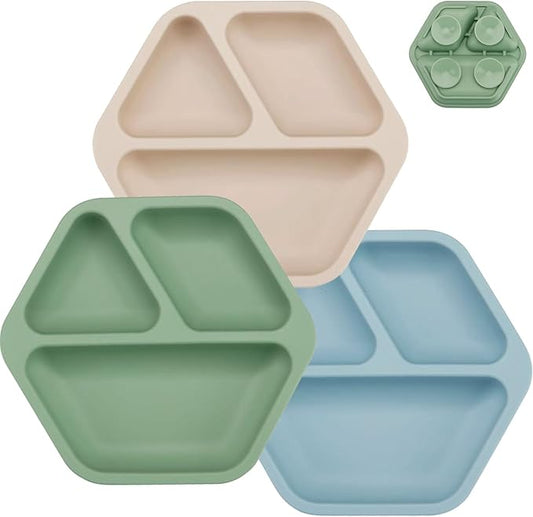PandaEar 3 Pack Toddler Plates, Hexagon Divided Suction Plates for Baby, 100% Food Grade Silicone Baby Plates, Non-Slip, Baby Led Weaning Supplies, Microwave & Dishwasher Safe (Hexagon)
