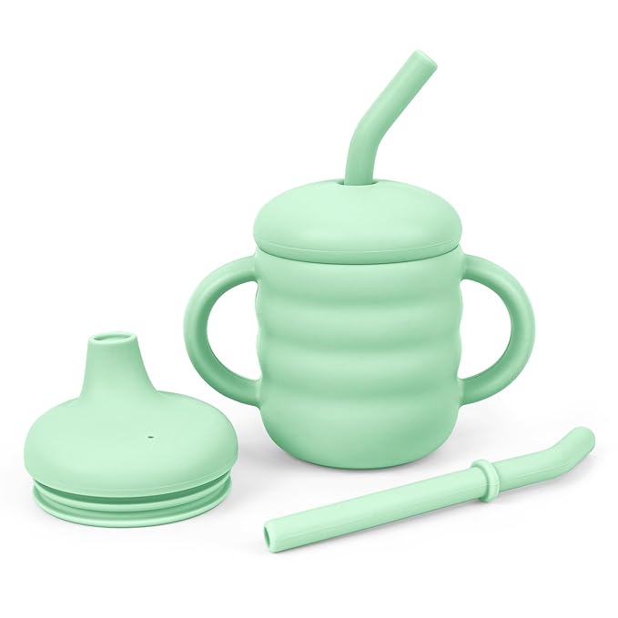 Vaanshie Silicone Baby Sippy Cups | Straw Cup Baby | Toddler Cup with Straw | 3 Stages Training Cup for Infants Toddlers and Kid, 5.4 oz (Green)