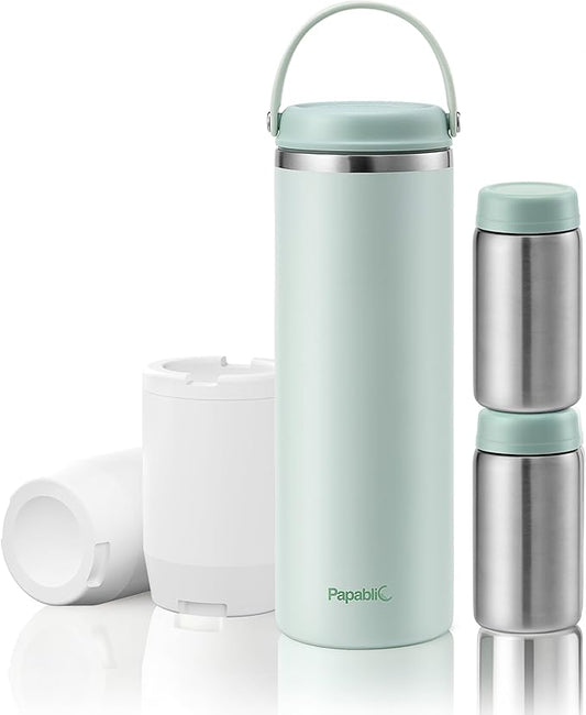 Papablic Innovative 360° CapsuleChill Breastmilk Cooler for 36H Safe Storage, 20oz Stress-Free Portable Breast Milk Chiller with 2pcs Stainless Steel Baby Bottles for Work & Travel, Mint Green
