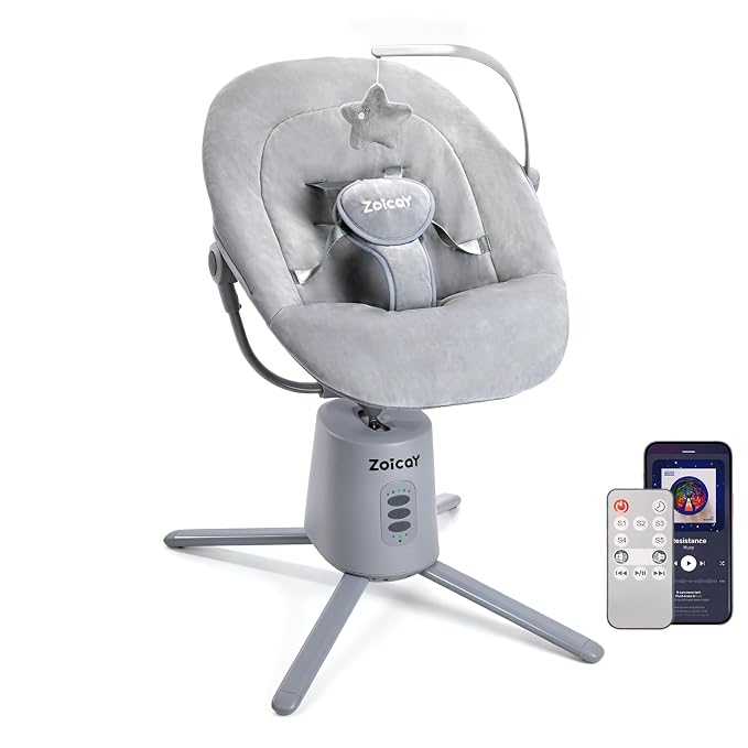 Zoicay Baby Swing,Baby Swings for Infants with 3 Modes & 5 Speeds, BT Enabled App & Remote Control, Electric Swing – 6 Melodies and 3 Timer Setting, 2 Seat Positions and 5-Point Harness Swing (Gray)