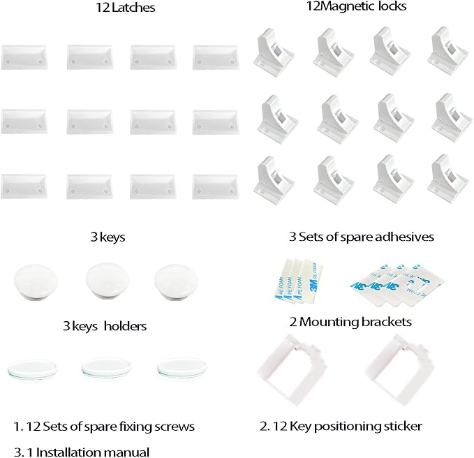 Magnetic Child Locks for cabinets (12 Locks + 3 Keys) - Child Safety Drawer Locks, Suitable for Kitchens Cabinets、Drawer and Storage cabinets - no Drilling Required, Adhesive Installation.