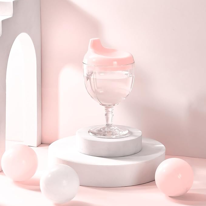 Irenare 1 Pcs Baby Wine Sippy Cup Plastic Goblet Cup No Spill Wine Glass Baby Sippy Goblet Glass Beverage Mug Milk Bottle with Lid for Kids (Pink)