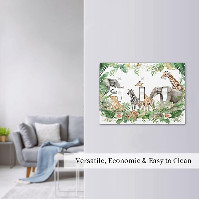 Tropical Leves Safari Animals Giraffe Elephant Zoo Decorative Switch Plates 3 Gang Wall Plate Triple Toggle Light Switch Cover Faceplate Electrical Wall Panels for Kids Room Nursery Decor