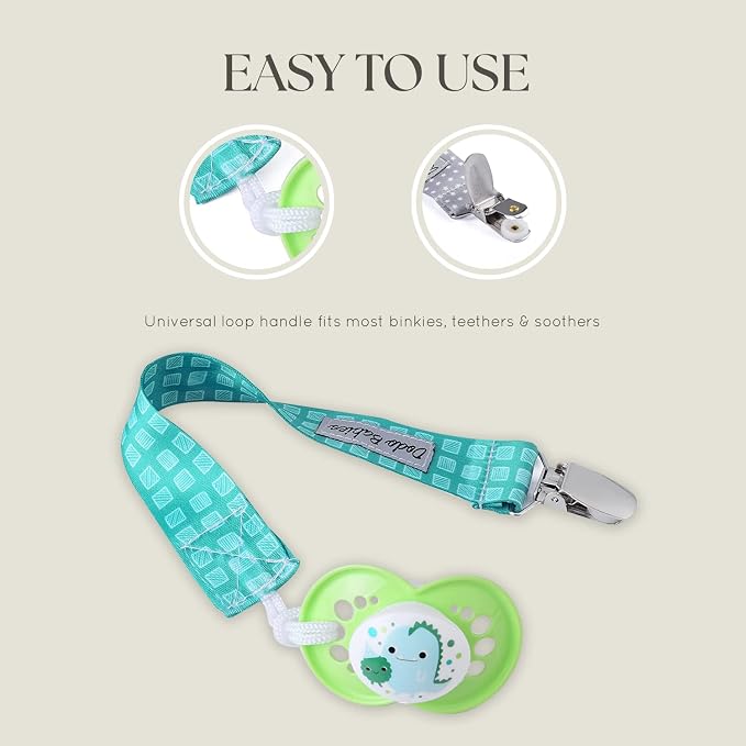 Dodo Babies Pacifier Clip Set - Universal Pacifier Holder for Boys & Girls - Multipurpose Baby Clip Secures Teethers - Travel Case Stores Baby Essentials - Teal, Blue & Grey