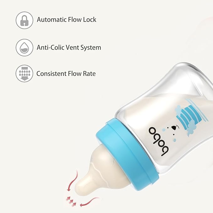 YOHKOH Glass Baby Bottles with Slow Flow Nipple, Newborn Anti-Colic Baby Bottles for 0+ Months, Wide Neck Feeding Bottle, Clear (Blue, 5oz (Pack of 2))