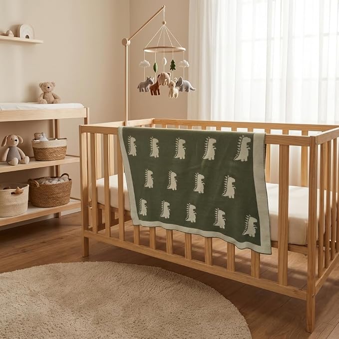 The Dinosaur Blanket - 100% Organic Cotton Baby Blanket, American Made, 30x40in - Bassinet, Crib, Stroller - Gift Registry Baby Shower for Newborns and Kids