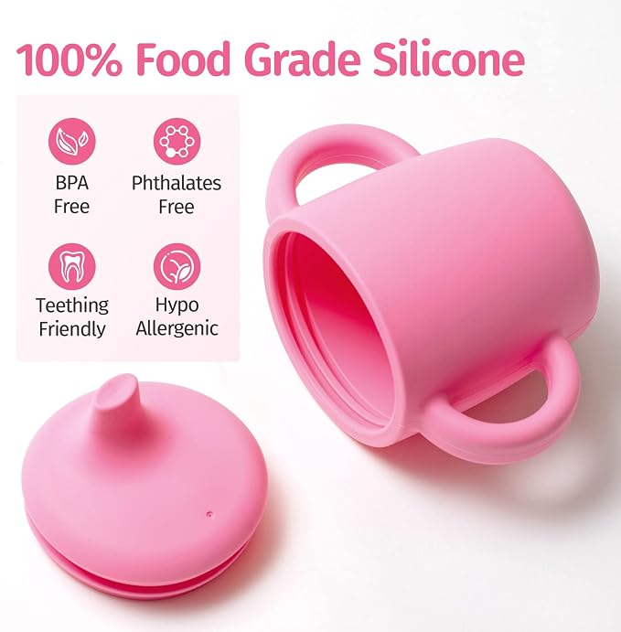8 Oz Silicone No Spill Sippy Cups For Toddlers and Babies | Dishwasher and Microwave Safe | 2 Pack (Pink/Gray)