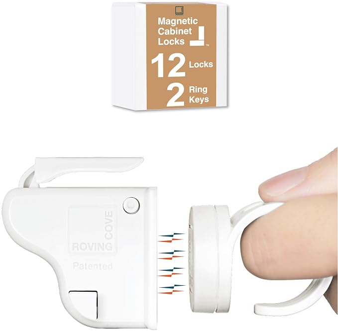 RovingCove Ergonomic Magnetic Cabinet Baby Locks 12-pk, Child Proof Drawer Cupboard Latches, 3M Adhesive, Easy Install with Starter Tape System, 12 Locks 2 Ring Keys