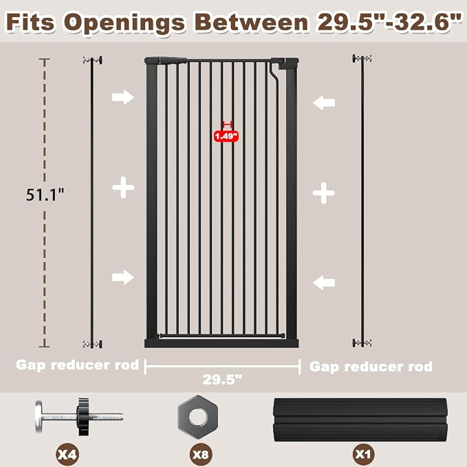 Fairy Baby 51.1" Extra Tall Pet Gate, 29.5"-32.6" Adjustable Width Auto Close Encrypted Tall Dog Gate, Cat Proof Metal Gate Indoor for Doorway Hallways, Pressure Mounted Child Safety Gates, Black