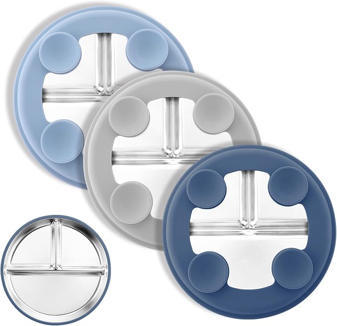 Bakpoco Stainless Steel Suction Plates for Toddlers, 8" Divided Kids Baby Plates with Removable Silicone Suction, Non Toxic Non Slip Portion Control Snack Dishes 3 Packs, Blue Gray Navy