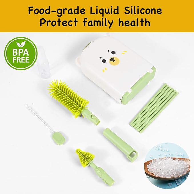 Travel Baby Bottle Cleaner Kitï¼?-in-1 Baby Bottle Brush Set for Travel and Home, All-in-One Baby Bottle Washing Kit: Integrated Cleaning & Drying System for Bottles and Breast Pump Parts (Green)