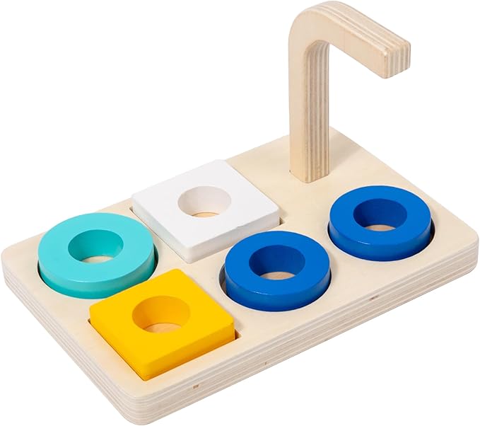 Adena Montessori Wooden Stacking and Sorting Ring,Wooden Rings on Peg,Colorful 5 Shapes on Curved Peg Horizontal Dowel Variation,Fine Motor Skills Development Toys for 1 2 3 Years Old Toddlers