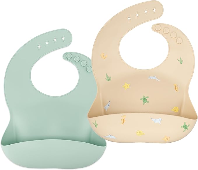 AVA + OLIVER Waterproof Silicone Bib Set with Adjustable Neck Closure - Durable Silicone Bibs for Babies - Set of 2