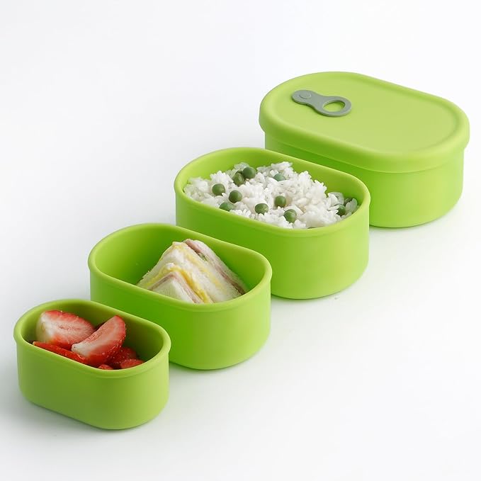 Premium Korean-Made Silicone Airtight Food Container with Steam Vent ??BPA Free, Leakproof, Microwave & Freezer Safe Meal Prep. & Leftovers Storage (Green Apple, 4p Multi-Size Set)
