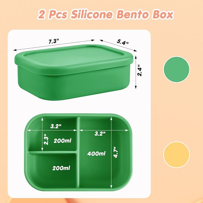 Layhit 2 Pcs Silicone Bento Box for Adults, 27 oz Bento Lunch Container Reusable Food Container for Women Men, Leak Proof Microwave Dishwasher Freezer Safe (3 Compartments,Green,Yellow)