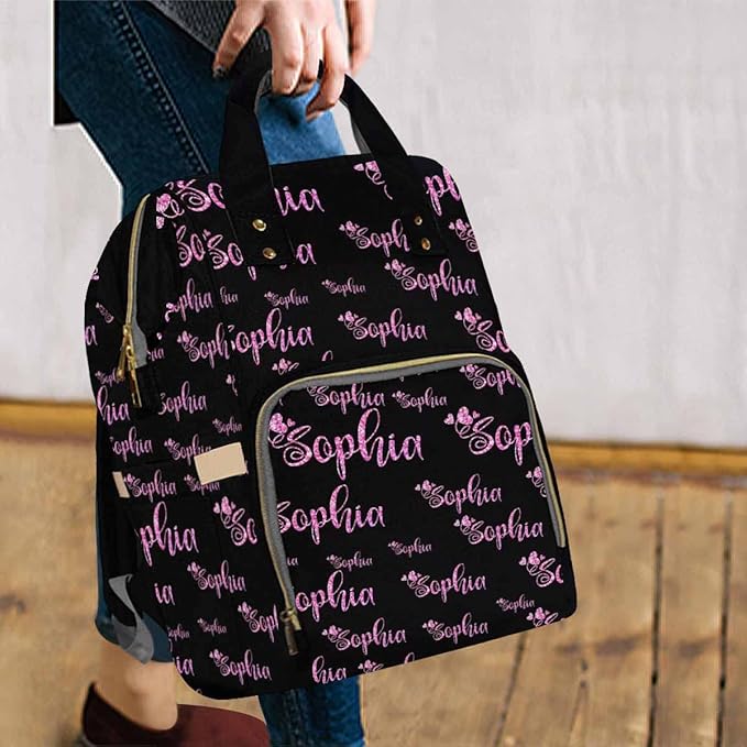 Artsadd Custom Name Diaper Bag for Mom, Personalized Pink Glitter Monogram Backpack with Stroller Straps Large Travel Shoulder Bag Capacity Nappy Bag for Baby Shower Gifts
