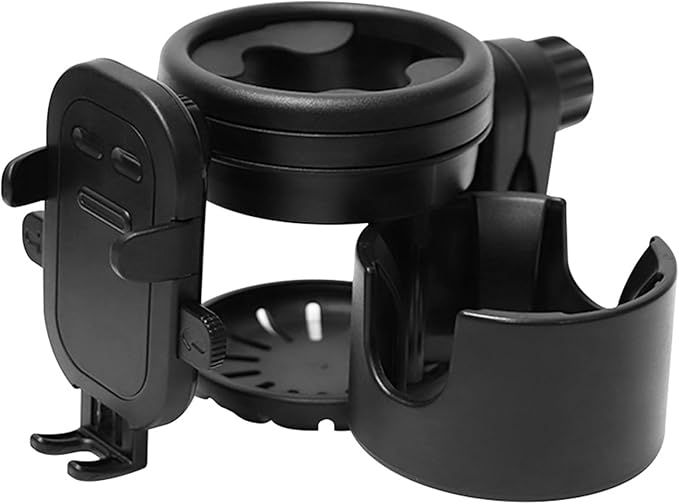 4-in-1 Universal Stroller Cup Holder with 360° Phone Mount - Adjustable Drink & Phone Holder for Strollers, Wheelchairs, Bikes, and Scooters 【Black】