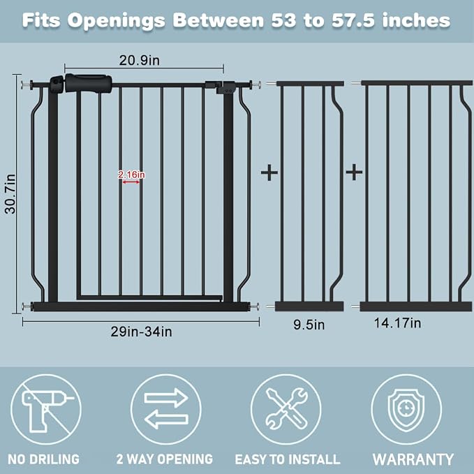 Extra Wide Baby Gate Black 53-57.5 Inch Wide Walk Through Pressure Mounted No Drill Long and Large Tension Metal Gate for Dog and Toddler