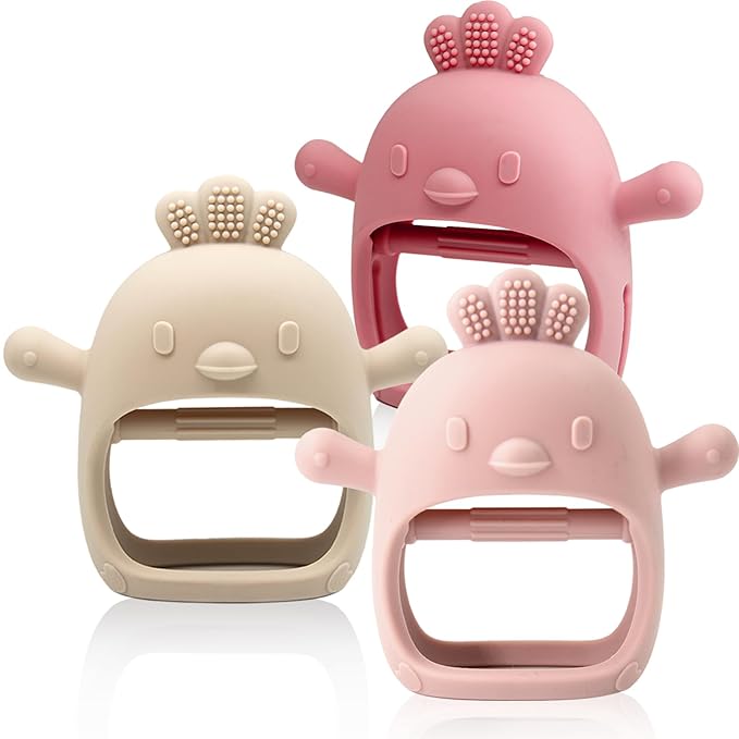 3 Pack Baby Teething Toy Silicone Teething Mitten for Babies Over 3 Months Anti Dropping Wrist Hand Teethers Baby Chew Toys for Sucking Needs, BPA Free (Pink, Caramel & Coral Red)