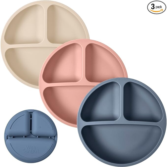 WeeSprout Silicone Plates with Lids for Babies & Toddlers (3 Pack) 100% Food-Grade Dishes for Self Feeding, Divided Design & Raised Edges for Picky Eaters, Dishwasher & Microwave Safe Weaning Supplies