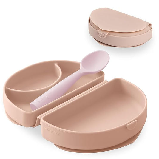 Miniware Fold & Scoop Baby Feeding Set - Silicone Travel Baby Plate With Suction & Baby Spoon - Compact, Portable, Dishwasher-Safe, Suction Base for Mess-Free Eating (Aquamarine and Aqua)