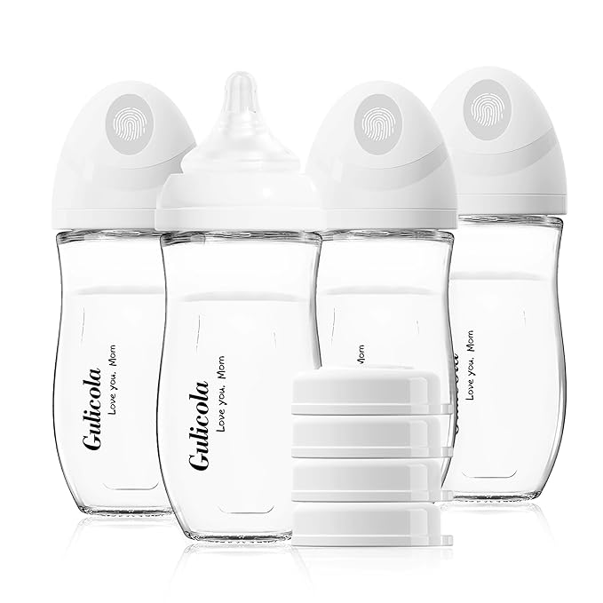 Gulicola Natural Glass Baby Bottle 8 oz for Breastfed Babies, Anti-Colic Baby Bottle Set with Medium Flow Nipple, 3 Months +, 4 Pack - White
