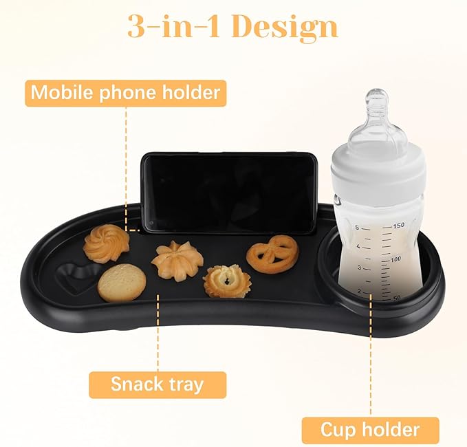 Stroller Snack Tray,Adjustable Snack Tray for Stroller with Cup Holder and Phone Holder,Enlarged Thickened Accessories, Non-slip Handle Clip Suitable for Round Tube Flat Tube Handrails