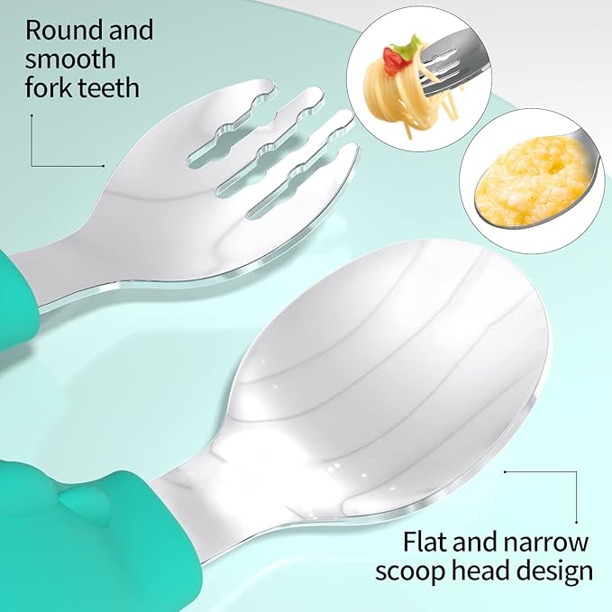 Deejoy Toddler Utensils - Stainless Steel Spoons and Forks, Kids Silverware Self Feeding Flatware Set with Travel Safe Case (Green)