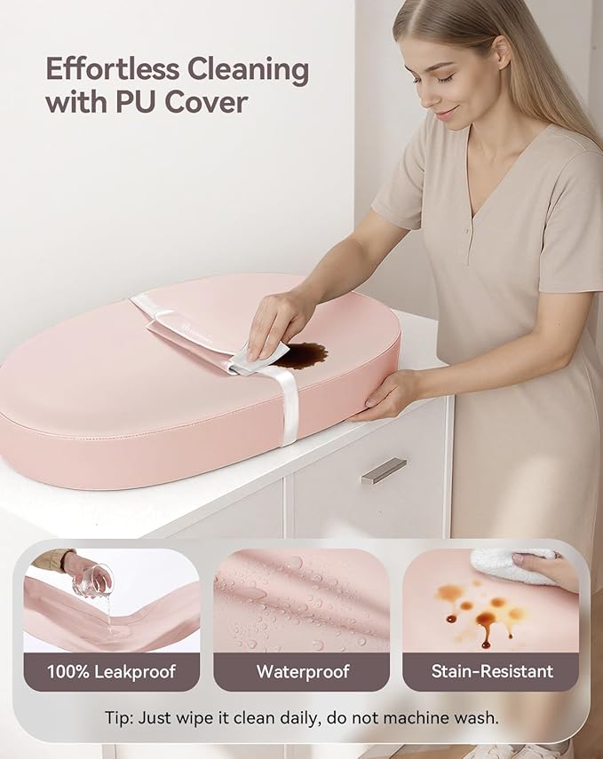 COMOMY Baby Changing Pad with Wipeable & Waterproof PU Cover, Contoured Diaper Changing Pad for Dresser with Non-Slip Safety Belt, Portable and Lightweight, Large Cushioned Foam, Pink