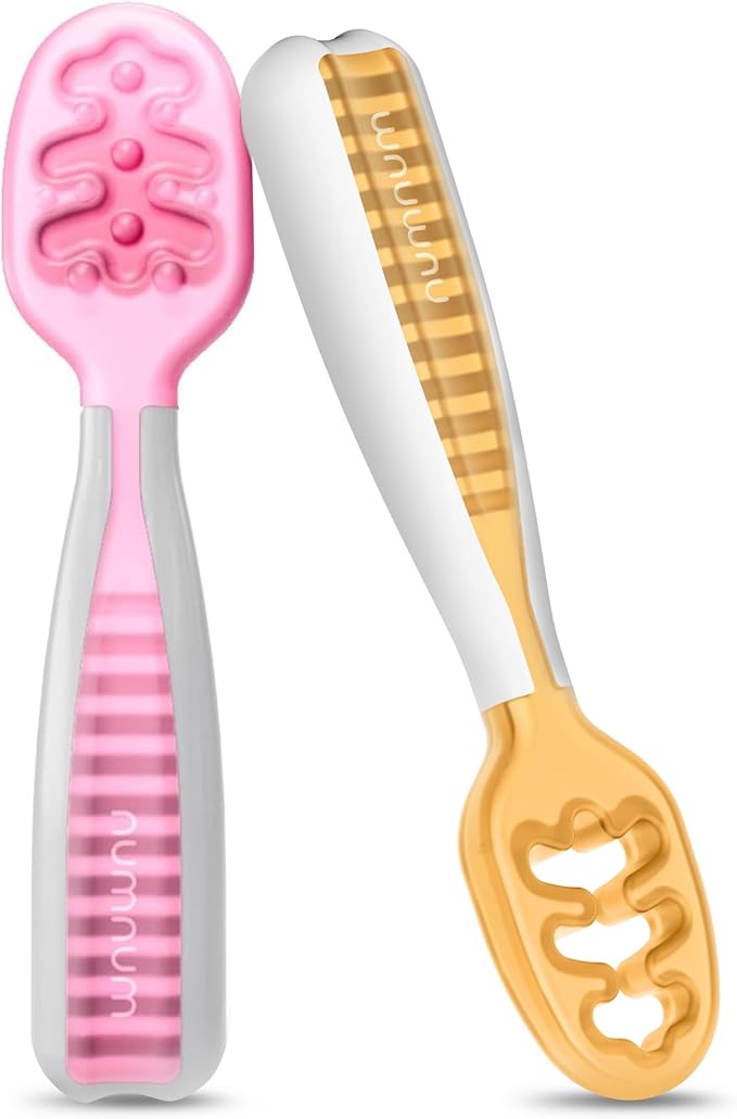 NumNum Baby Spoons Set, Baby Essentials Pre-Spoon GOOtensils for 6+ Months, First Stage Self-Feeding Spoons for Baby Led Weaning (BLW), Silicone Toddler Utensils, BPA-Free, 2 Pack Pink/Orange