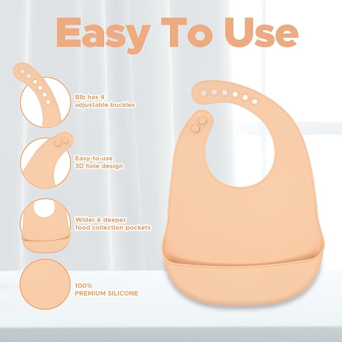 BabyX Silicone Baby Starter Kit, 5 Pieces First Feeding Set, Including Training Spoon, Fork, Cup, Bib and Heart Shaped Bowl (Peach), BPA-Free, Baby Utensils Supplies, Microwave/Dishwasher Safe
