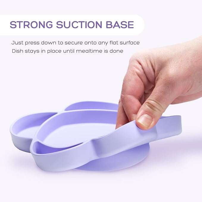 Grabease Silicone Portion Control Plate - No-Mess Baby Suction Dinner Set - Baby-Led Weaning Supplies & Silicone Feeding Set - Sectioned Plate & Toddler Dinnerware - Lavender, 4-Piece Kit