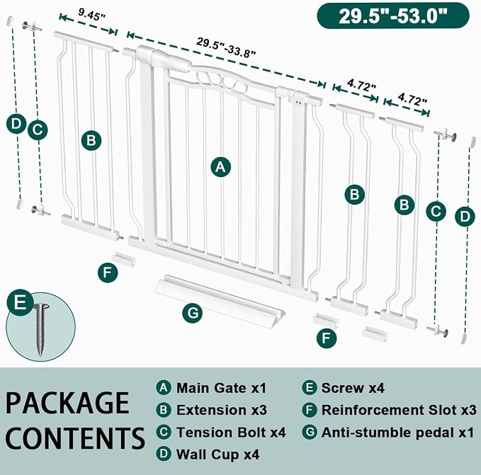Fairy Baby 29.5"-53.0" Extra Wide Baby Gate for Doorway Pressure Mounted | Sturdy Metal Safety Child Gate for Stairs, No Drill Auto Close Dog Pets Gate for Walk Thru, Garden Arched Décor Elegance Gate