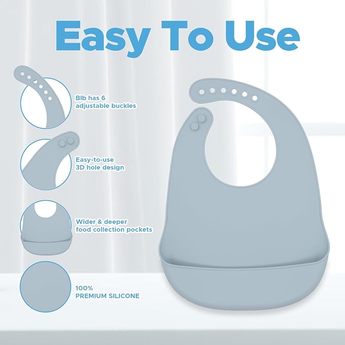 BabyX Silicone Baby Starter Kit, 5 Pieces First Feeding Set, Including Training Spoon, Fork, Cup, Bib and Bear Shaped Bowl (Blue), BPA-Free, Baby Utensils Supplies, Microwave/Dishwasher Safe