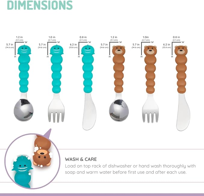 melii Toddler and Kid Feeding Spoon Fork & Knife Set, Stainless Steel ??Bulldog, Cat, Shark, Bear??BPA Free, Dishwasher safe (Bear & Shark 6pc)