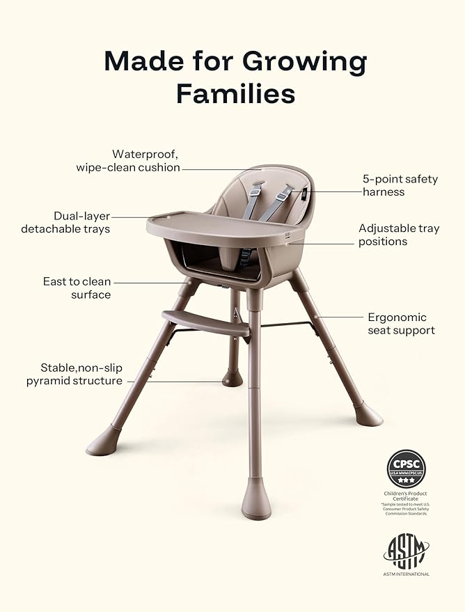 HARPPA 2 in 1 Baby High Chair for Babies and Toddlers, Convertible High Chairs with Removable Double Tray, Waterproof PU Seat Cushion, Anti-Slip Footrest and 5-Point Harness for 6??6 Months, Beige