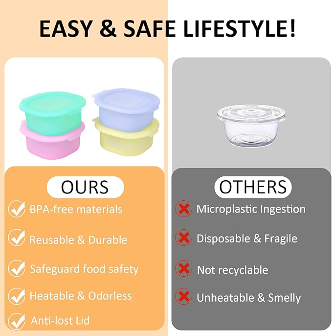 4 Pack Reusable Translucent Silicone Snack Containers with attached Lids,Leak-Proof Snack Box Cheese Containers, Egg Poacher Cups for Sqaure Breakfast Egg
