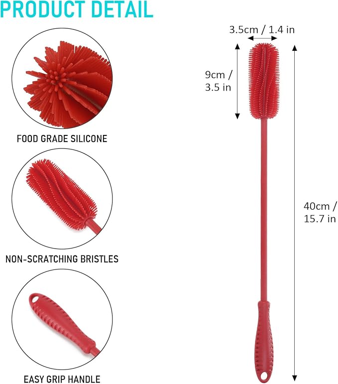 15.7" Silicone Bottle Brush, ddLUCK Water Bottle Cleaner Brush for Stanley, Hydroflasks, Glass, Thermos Sports Bottle, Vase and Glassware, Bottle Brush Cleaner for Small Narrow Neck Containers (Red)