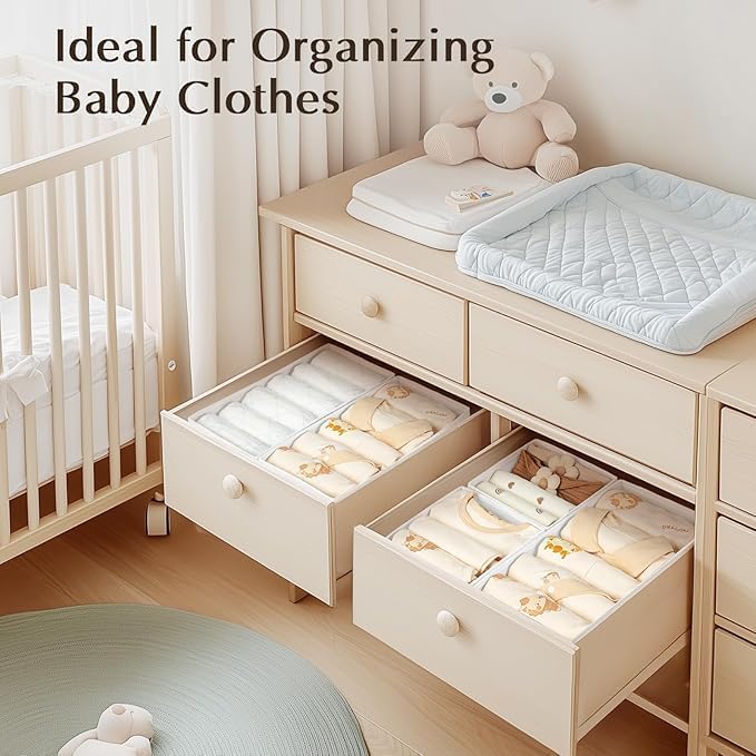 DIMJ Drawer Organizers Clothes, Set of 16 Dresser Organizer Bins, Fabric Closet Organizers and Storage, Shallow Drawer Dividers for Nursery, Clothing, Baby Clothes, Socks, Underwears, Tie (White)