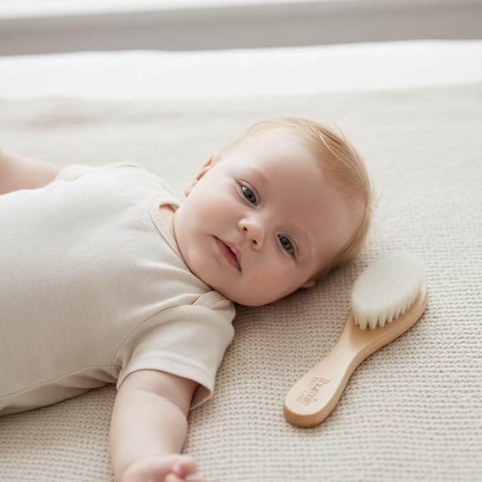 Baby Hair Brush by Thumble Baby Care | Gentle Goat Bristle Cradle Cap Scalp Massager | Set for Newborns, Infants & Toddlers | Natural Wooden Alternative | Plastic-Free