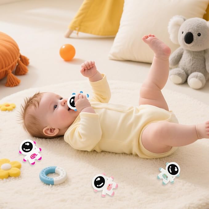 Baby Teething Spaceman Toy for 3+ Months Infants Sucking, Food Grade Silicon Astronaut Styling Teether, BPA Free (Cyan)