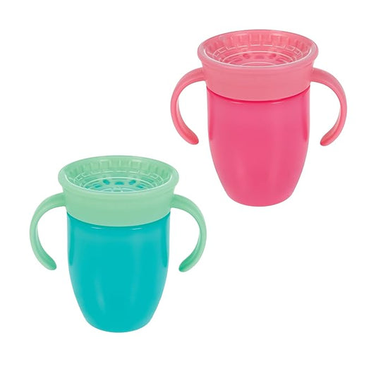 Nuby Wonder Cup - Spill-Proof Toddler Sippy Cups - (2 Pack) 7 oz - Sip from All Sides - Leak Resistant - Easy Grip Two-Handle Design - Pink/Aqua