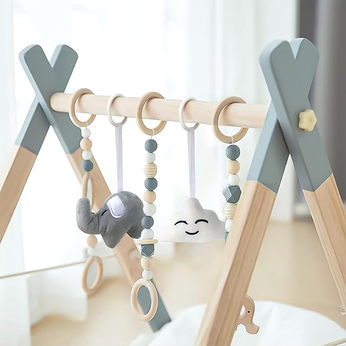 Wooden Baby Play Gym Foldable Gym Frame Activity Gym Hanging Bar with 5 Toys Natural for Newborn Baby (Foldable Grey)