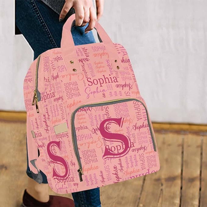 InterestPrint Personalized Monogram Mommy Nappy Bag Customized Pink Name Diaper Bag Custom Logo Text Nursing Bag for Mom Casual Travel Daypack Bags Shoulder Bag Backpack