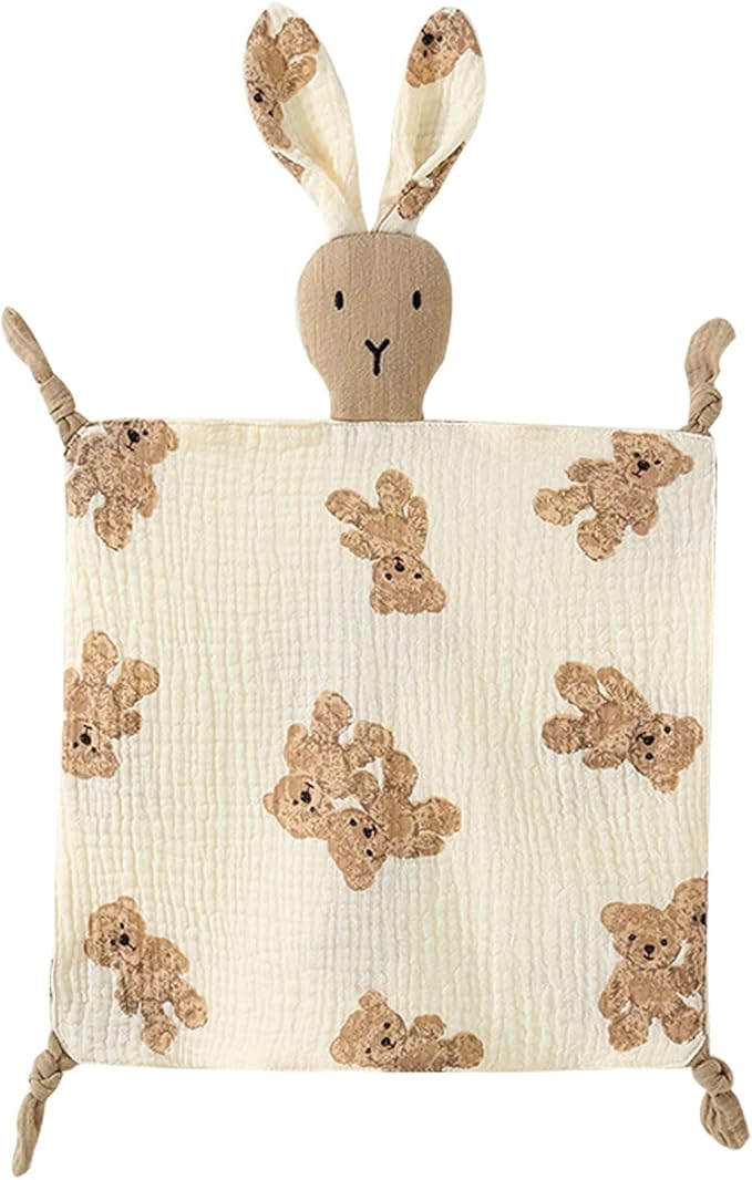 Organic Cotton Muslin Lovey Blanket, Organic Cotton Muslin Bunny Security Blanket Soft & Breathable Lovie Baby Gifts for Boys and Girls