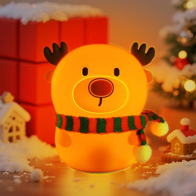 Colorful Life Silicone Reindeer Night Light – Tap Control Cute LED Bedside Lamp for Kids, Baby, Adults – Soft Glow, Rechargeable, Nursery/Bedroom(Cute Reindeer, Light up When patted)