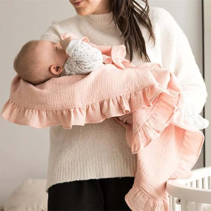 Newborn Baby Blanket, Toddler Blanket, 100% Cotton 4 Layers Soft Swaddling Receiving Blanket with Ruffle, Breathable and Lightweight Blanket, 34 x 26 inch