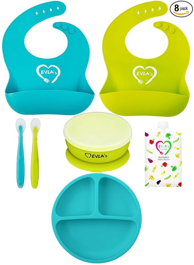 EVLA'S Baby Feeding Set, Baby Led Weaning Supplies, Adjustable Silicone Bibs, Divided Plate, Suction Bowl with Lid, Soft Spoons for Babies or Toddlers, Baby Registry must have!(Blue and Green)