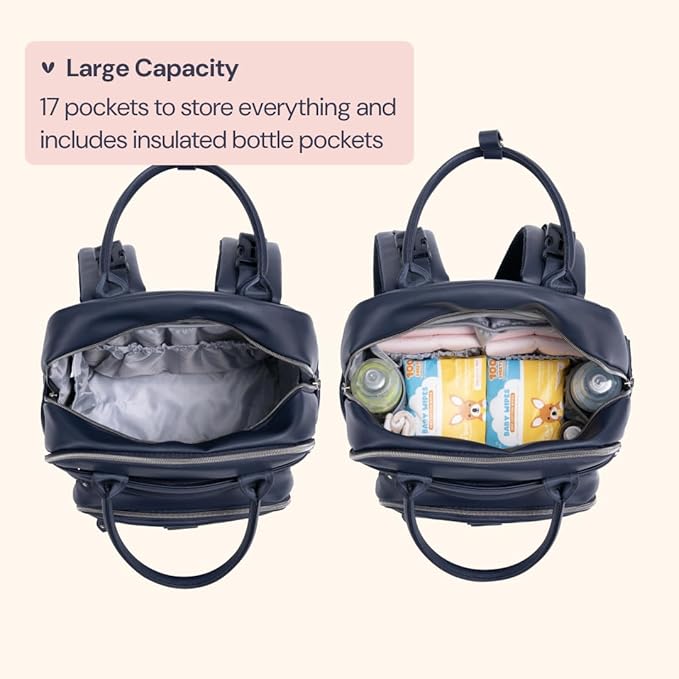 BabbleRoo Leather Diaper Bag Backpack - Baby Essentials Travel Baby Bag, Multi function, with Changing Pad, Stroller Straps & Pacifier Case ??Unisex, Midnight Blue